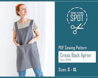 Linen pinafore apron PDF pattern, S-XL, Instant Download, Japanese appron sewing pattern, Womens apron with wide pockets, Crossback apron