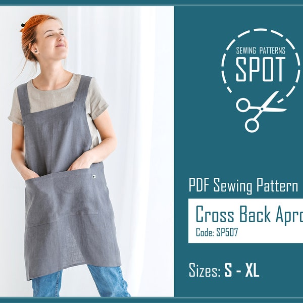 Linen pinafore apron PDF pattern, S-XL, Instant Download, Japanese appron sewing pattern, Womens apron with wide pockets, Crossback apron