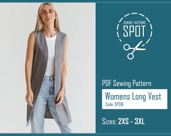 Sleeveless cardigan for women Sewing Pattern, 2XS-3XL, Instand Download, Sewing patterns for women shirt, Long vest pdf sewing pattern