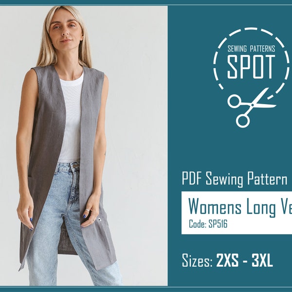 Sleeveless cardigan for women Sewing Pattern, 2XS-3XL, Instand Download, Sewing patterns for women shirt, Long vest pdf sewing pattern