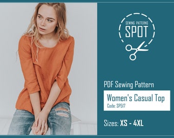 Women's Linen Top Sewing Pattern, Oversized Collarless Shirt (PDF Pattern XS-4XL)