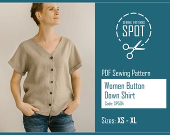 Camisa abotonada para mujer Patrón de costura PDF, Descarga instantánea, XS-XL, Patrones de costura de camisa para mujer, Blusa de lino de manga corta, Regalo de costura