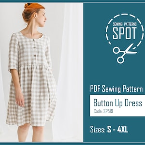 Puede incluir: Un patrón de costura PDF para un vestido con botones de estampado vichy. El patrón está disponible en las tallas S - 4XL. El patrón se llama "Button Up Dress" y tiene el código SP519.