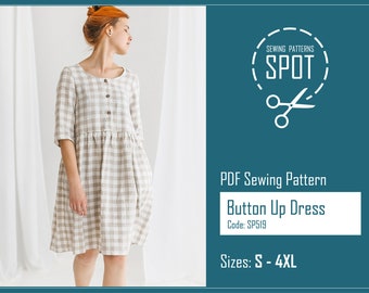 Button up midi dress with 3/4 sleeves, PDF sewing pattern, Instant Download, do it yourself, tutorial pdf sewing size S-4XL