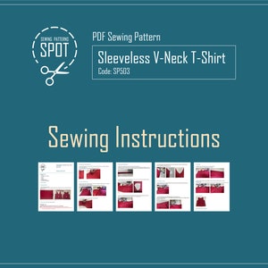 May include: A sewing pattern for a sleeveless V-neck T-shirt. The pattern is from Sewing Patterns Spot and has the code SP503. The image shows a red T-shirt and sewing instructions.