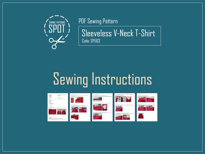 May include: A sewing pattern for a sleeveless V-neck T-shirt. The pattern is from Sewing Patterns Spot and has the code SP503. The image shows a red T-shirt and sewing instructions.