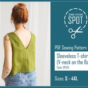 Peut inclure: Un t-shirt sans manches vert olive avec un col en V. L'image montre le dos du t-shirt, avec un col en V profond. L'image comprend également le texte "PDF Sewing Pattern" et "Sleeveless T-shirt (V-neck on the Back)". Tailles de S à 4XL.