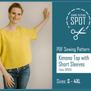 Woman blouse PDF sewing pattern, S-4XL, Instant Download, kimono top sewing pattern, women shirt with short sleeves, minimal blouse