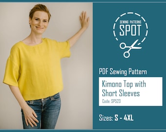 Woman blouse PDF sewing pattern, S-4XL, Instant Download, kimono top sewing pattern, women shirt with short sleeves, minimal blouse