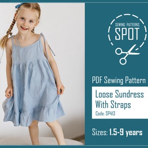 Girls dress CAMILA sewing pattern PDF, 1-9 years, Instant download, Loose sundress with straps. Easy sewing pattern for beginners