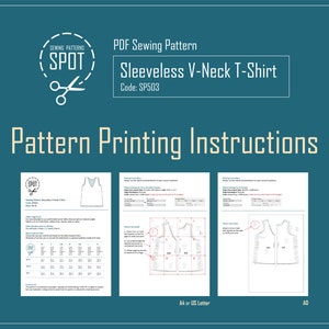 May include: A PDF sewing pattern for a sleeveless V-neck T-shirt. The pattern includes instructions for printing and cutting the fabric. The pattern is available in A4 or US Letter sizes.