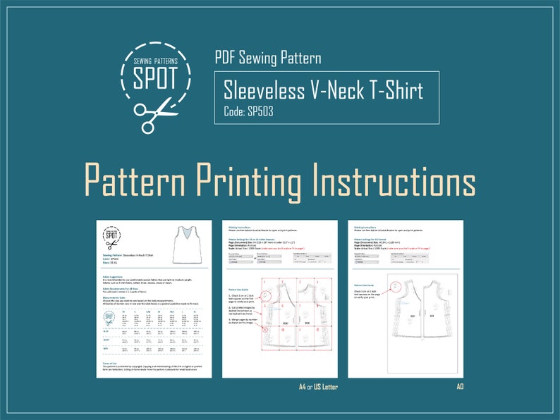 May include: A PDF sewing pattern for a sleeveless V-neck T-shirt. The pattern includes instructions for printing and cutting the fabric. The pattern is available in A4 or US Letter sizes.