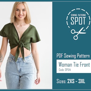 Women tie front top RUBY, Sewing Pattern, 2XS-3XL, Instand Download, Sewing patterns for women shirt, Womens crop top pdf sewing pattern