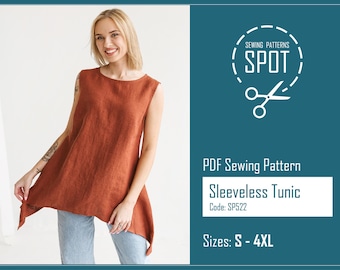 Sleeveless tunic GRETA PDF sewing pattern, size S-4XL, Instant Download, Summer tank top sewing pattern, women blouse pattern