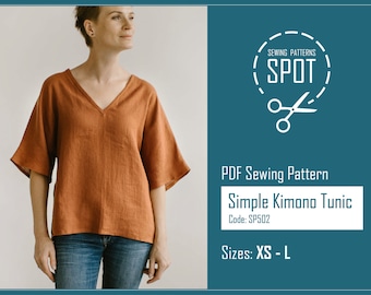 V neck linen blouse, PDF sewing pattern, XS-L, Instant Download, Linen tshirt with wide sleeves, Womens kimono style top, Woman linen shirt