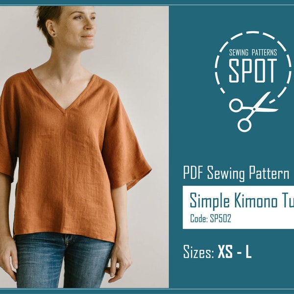 V neck linen blouse, PDF sewing pattern, XS-L, Instant Download, Linen tshirt with wide sleeves, Womens kimono style top, Woman linen shirt