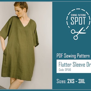 Womens plus size linen dress with pockets BARBARA, PDF sewing pattern, 2XS-3XL, Instant Download, Kimono sleeve dress, Flutter sleeve dress