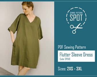 Womens Plus Size Linen Dress PDF Sewing Pattern, Kimono Sleeve, Minimalist Loose Fit Dress with Pockets (2XS-3XL)