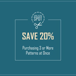 May include: A teal blue background with a white border. A white rectangle with rounded corners contains the text "SAVE 20%" in a light yellow color. The text "Purchasing 3 or More Patterns at Once" is below the discount text. A white circle with a dashed border contains the text "SEWING PATTERNS SPOT" in white with a pair of scissors icon in the center.