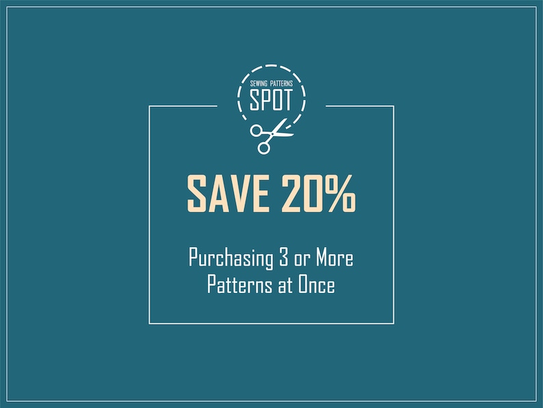May include: A teal blue background with a white border. A white rectangle with rounded corners contains the text "SAVE 20%" in a light yellow color. The text "Purchasing 3 or More Patterns at Once" is below the discount text. A white circle with a dashed border contains the text "SEWING PATTERNS SPOT" in white with a pair of scissors icon in the center.