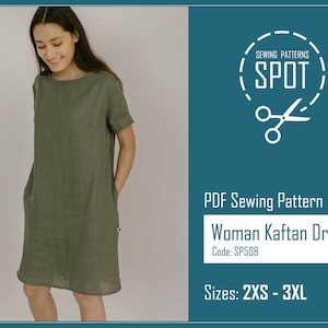 May include: A PDF sewing pattern for a woman's kaftan dress. The pattern is available in sizes 2XS to 3XL. The pattern is from Sewing Patterns Spot.