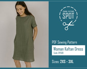 Kaftan dress with short sleeves and pockets ALISA, PDF sewing pattern, 2XS-3XL, Instant Download, women classic dress pdf, summer dress pdf