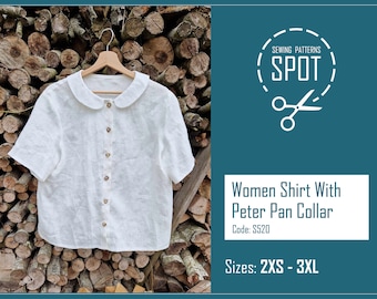 Women Peter Pan collared shirt sewing pattern PDF, XS-L, Instant Download, Elegant blouse sewing pattern, Short sleeves linen shirt