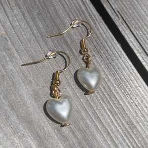 Pearl heart dangle earrings, heart-shaped pearl drop earrings