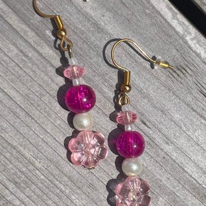 Pearl/Baby pink/Hot pink flower earrings, Handmade earrings, Beaded floral earrings, Hypoallergenic earrings