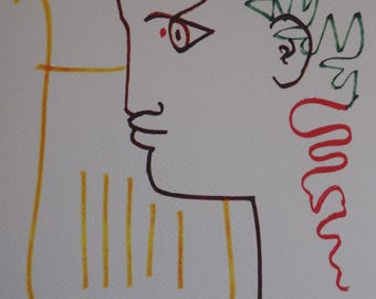 Rare beautiful limited illustration print - portrait, Jean Cocteau, signed, numbered & stamped