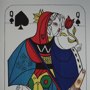 Feiner surrealistischer Druck, limitierte Auflage, Surreal Spielkarten - Dame - Pik, Salvador Dali, signiert und nummeriert mit Bleistift