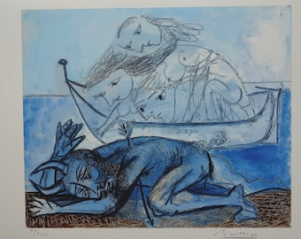 May include: A blue and white lithograph print of a scene with a figure with horns kneeling on the ground, with a boat and figures in the sky above. The print is signed "Picasso" and numbered "7/200".