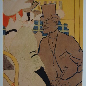 May include: A vintage poster depicting a man and a woman in a cafe setting. The man is wearing a brown top hat and a brown suit. The woman is wearing a white dress and a large hat. The poster is in a muted colour palette of browns, yellows, and whites.
