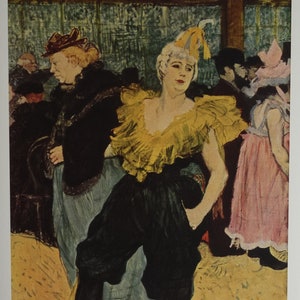 May include: A painting depicting a group of people in a dimly lit room. A woman in a yellow ruffled top and black trousers stands in the centre of the painting. She is wearing a hat with a feather. The other people in the painting are wearing dark clothing.