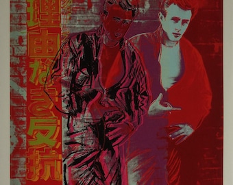May include: A red, yellow, and green silkscreen print of two men in black jackets. The print is signed "Andy Warhol" in the bottom right corner. The text "反戦反対" is visible on the left side of the print.