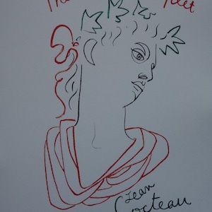Rare beautiful limited illustration print - portrait, Jean Cocteau, signed, numbered & stamped