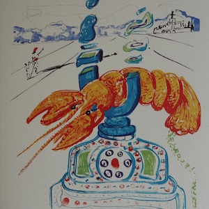 May include: A colorful lithograph print featuring a bright orange lobster resting on top of a blue rotary telephone. The telephone base is decorated with small red and green accents. In the background, a landscape includes a distant figure and a structure.