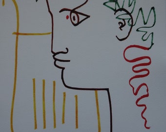 Rare beautiful limited illustration print - portrait, Jean Cocteau, signed, numbered & stamped