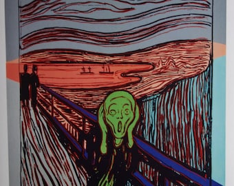 May include: A colorful print of Edvard Munch's iconic painting "The Scream". The image features a figure with a green face and hands covering its ears, standing on a bridge with a red and blue railing. The background is a swirling, abstract landscape in shades of blue, red, and orange.