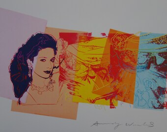 May include: A colorful print of a woman with a bright pink, yellow, orange, and blue background. The woman is wearing a necklace and has dark hair. The print is signed "Andy Warhol".