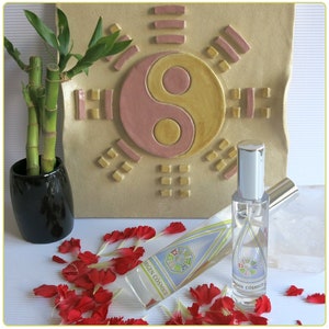 Può includere: Due piccoli flaconi di vetro con tappi argentati ed etichette blu con testo bianco che recita "Origen Cosmico". I flaconi sono appoggiati su una superficie bianca con petali di fiori rossi sparsi intorno. Una piastrella di ceramica con un simbolo yin yang rosa e giallo è sullo sfondo.