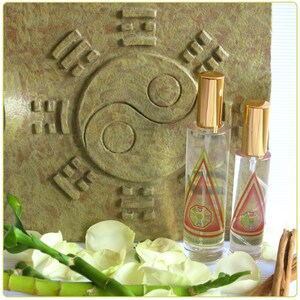 May include: Two clear glass bottles with gold caps and labels featuring a red triangle with a multi-colored symbol inside. The bottles are sitting on a table with white flower petals and a green bamboo stalk. The background is a textured stone with a yin yang symbol and a pattern of lines.