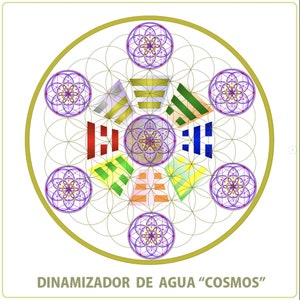 Può includere: Un design circolare con un motivo di fiore della vita al centro. Il design è circondato da sei motivi di fiore della vita più piccoli, ognuno di un colore diverso. Il design è circondato da un cerchio dorato con il testo "DINAMIZADOR DE AGUA "COSMOS"".
