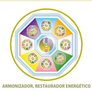 May include: A colorful circular design with eight sections, each containing a symbol with a yin yang in the center. The center of the design features a yin yang with a series of lines and dots. The text "ARMONIZADOR, RESTAURADOR ENERGÉTICO" is at the bottom of the image.