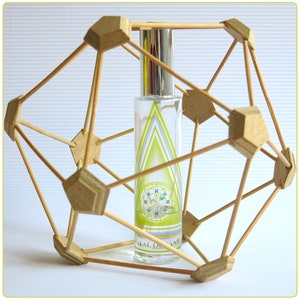 Può includere: Un flacone di profumo in vetro trasparente con un tappo argentato e un'etichetta gialla e verde. Il flacone è circondato da una struttura geometrica in legno.