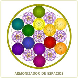 Peut inclure: Un motif géométrique circulaire avec des cercles qui se chevauchent dans un arc-en-ciel de couleurs, y compris le rouge, l'orange, le jaune, le vert, le bleu, l'indigo et le violet. Le motif est entouré d'un cercle doré et le texte "ARMONIZADOR DE ESPACIOS" est en bas.