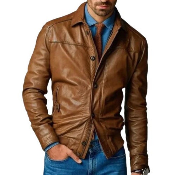 Men's Leather Motorcycle Casual Blazer Jacket | Leather Blouson Jacket | Tan Brown Jacket |