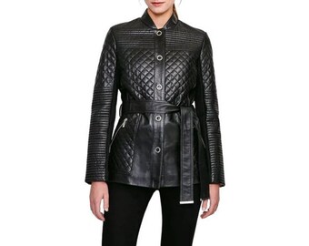 Women Quilted Leather Blazer | Black Leather Blazer Coat | Diamond Quilted Single Breasted Blazer Jacket |