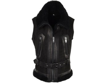 Men's Suede Shearling Vest | Genuine Sheepskin Black Shearling Vest | Winter Gilet |