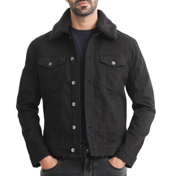 Black Thick Cotton Jacket for Men | Slim Fit Cotton Denim Jacket | Canvas Fur Collared Jacket |